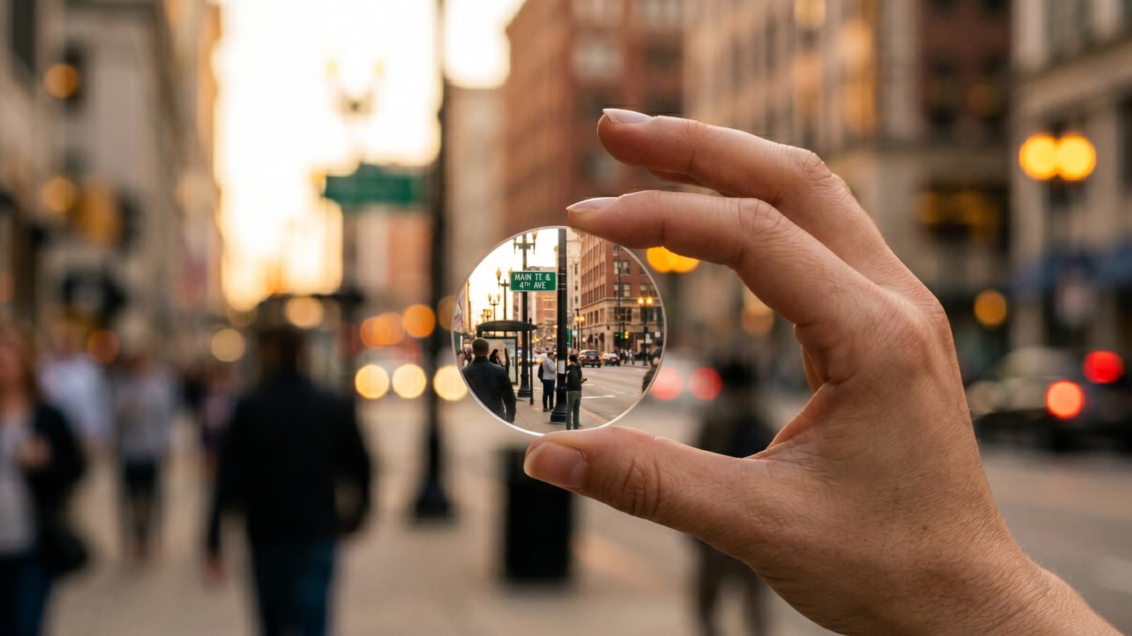 Calle vista nítida a través de un cristal de anteojo y borrosa alrededor, ilustrando la corrección de la esfera (miopía e hipermetropía)