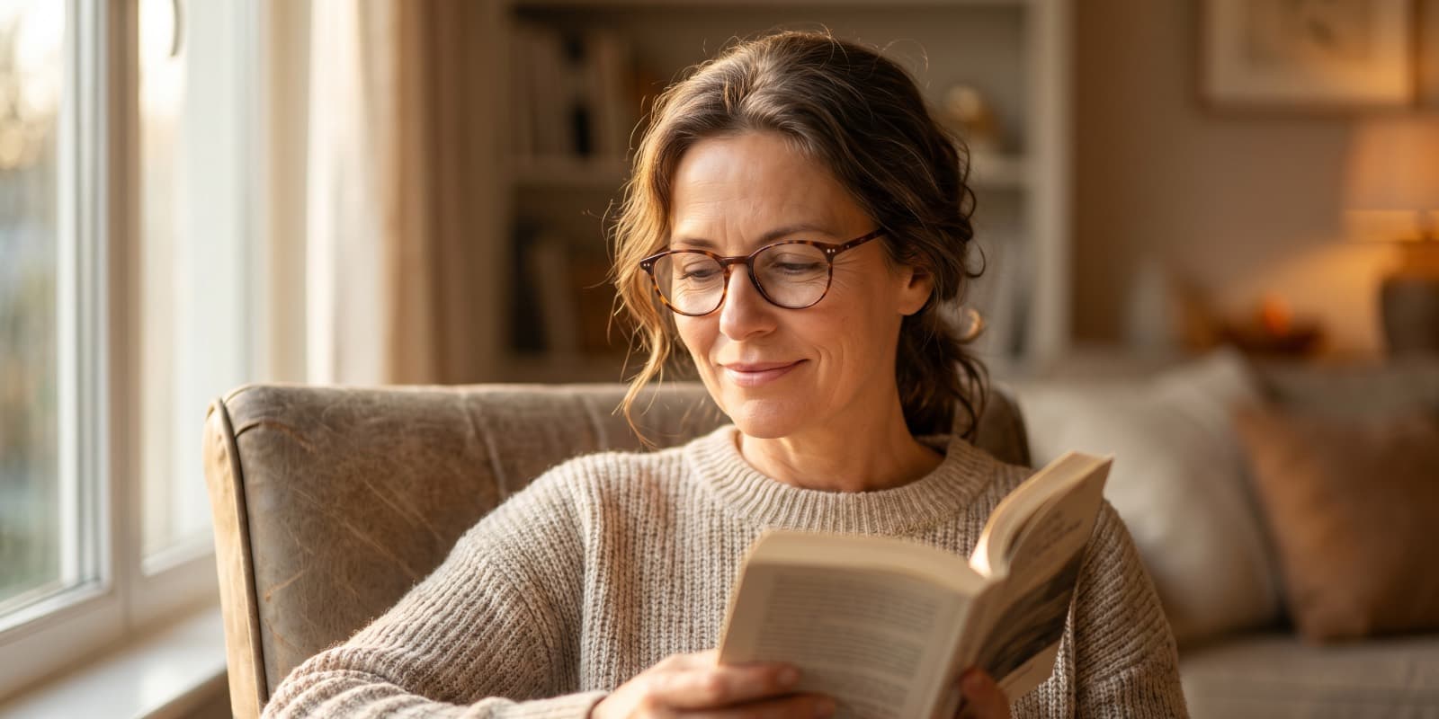 Mujer de unos 45 años leyendo cómoda con anteojos de lectura junto a una ventana